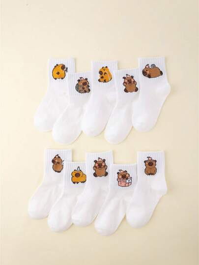 10 Pairs Capybara Kids Socks, Comfortable Versatile Solid Color, Cartoon Design For Older Children