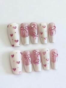 10 Stück Rosa Schleife & Herz Nagel Sticker Set - Handgemachte Farbverlauf Rosa & Weiß French Maniküre Sticker, Glitzer Herz & Strass Schleife Design, süßer romantischer Stil Nagel Aufkleber, perfekt für Dates, Partys und den täglichen Gebrauch, ideales Geschenk für Frauen und Mädchen, DIY Nail Art Set - Pink - Übersicht 2