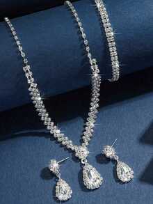 Bộ 4 món thời trang nữ sang trọng, đa năng, đính pha lê, bao gồm túi xách cầm tay, túi dự tiệc, túi đựng váy, và vòng cổ, bông tai, vòng tay. - Bạc - Xem 5