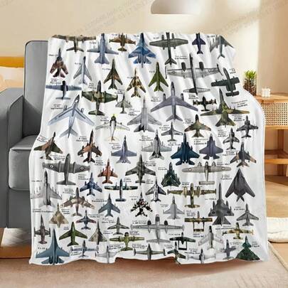 1pc Modern Military Aircraft Print Flannel Blanket - Hypoallergenic, Stain-Resistant, All-Season Knitted Fabric Bedding With Digital Printing, 200-250gsm Polyester, Multipurpose For Sofa, Bed, Travel, Holiday, Birthday Gift