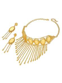 3件套18K镀金椭圆形花朵流苏首饰套装 - 金色 - 查看 5