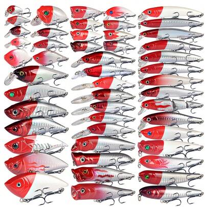 50pcs/Set Red Head White Body Fishing Lure Kit, Top Quality Hard Baits For Carp, Sinker, Pencil, VIB, Swimbait, Suitable For Bass And Fish, Applicable For Saltwater And Freshwater