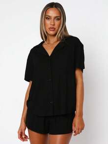 Women's 2 Piece Pajama Set Short Sleeve Button Down Collared Top And Elastic Waist Shorts Loungewear Set Sleepwear - màu đen - Xem 5
