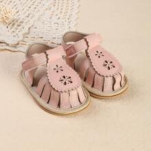 1 Pair Toddler Girls' Solid Color Hollow Breathable Flat Sandals, Suitable For Summer - Pink - View 9