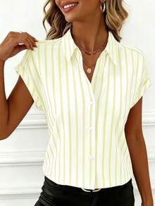 Women's Elegant Polyester Short Sleeve Collared Button Striped Print Shirt/Blouse, Regular Fit, Suitable For Spring/Summer, Daily, Work, Party, Travel, Fashionable & Versatile - Yellow - View 4