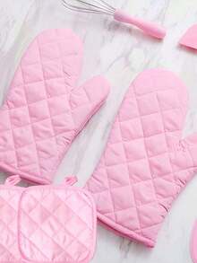 2 piezas Conjunto de Guantes de Horno y Agarradores de Ollas de Tela de Poliéster Sólido Rosa, Guante de Microondas y Protector de Mesa, Guantes de Cocción, Resistentes al Calor para Cocina Doméstica - Multicolor - Ver 5