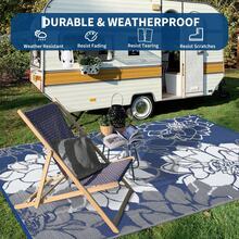 Hodeffior Outdoor Plastic Straw Rug 270x360cm Waterproof Reversible Floral Pattern Patio Carpet, Foldable Portable Outdoor Rug With Bag And 4 Stakes, UV Resistant Area Mat For Deck, Balcony, Camping, Picnic, RV - Dark Blue - View 8