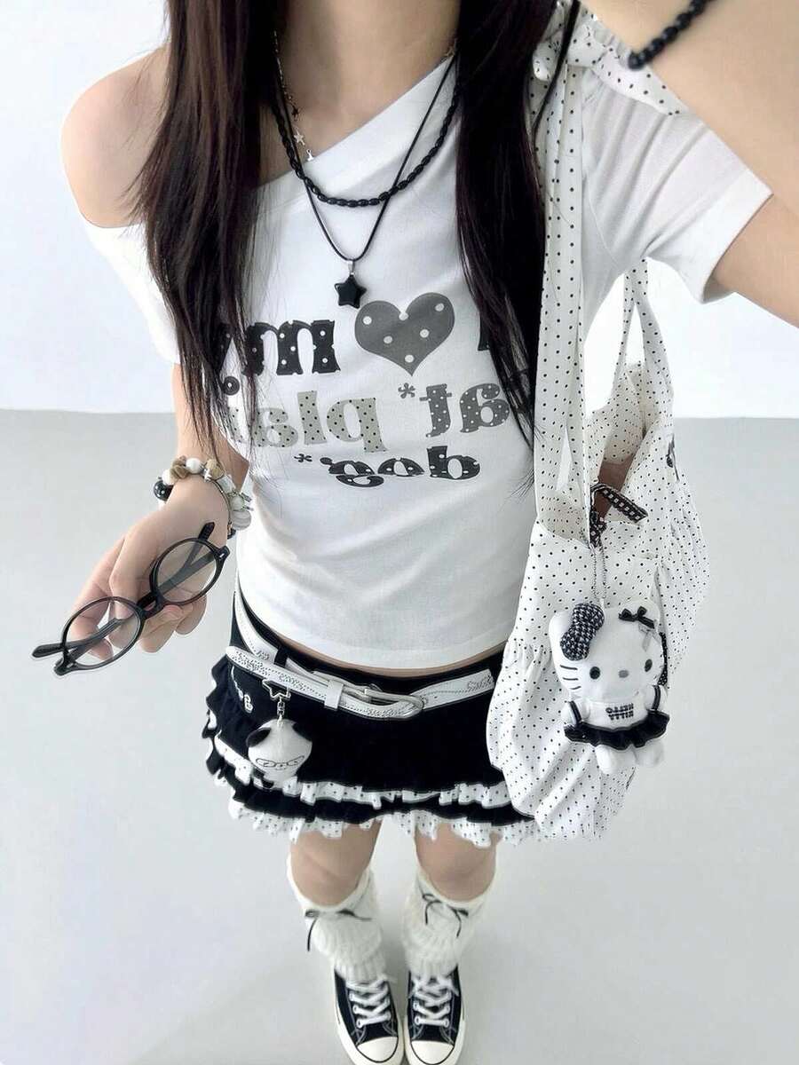 Y2K 美学卡通字母印花不对称肩短袖T恤，性感修身露脐休闲白色上衣 - 白色 - 查看 1