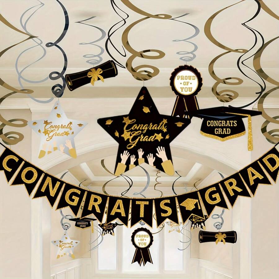 Graduation Hanging Swirl Banner Black And Gold Graduation Party ...