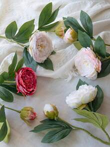 1PC 19-Inch Artificial Peony Flower Bouquet, Burnt Edge 2-Head Peony Artificial Flower, Maintenance-Free Fake Lotus Flowers, For DIY Bridal Bouquet Wedding Centerpiece Party Home Decor, Indoor Outdoor Spring Summer Decor Use, Valentine's Day Mother's Day Gift - Multicolor - View 9