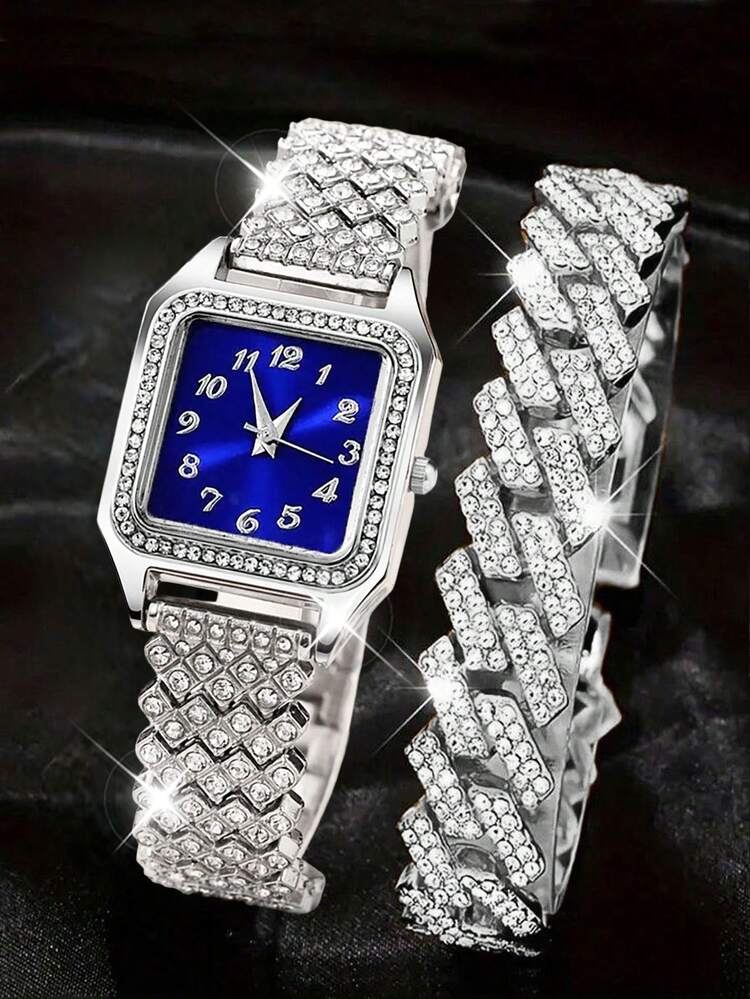 2PCS Fashion Diamond Women Watches Watch Ladies Wrist Watches Luxury Rhinestone Women Bracelet Watches Relogio - Silver - View 1