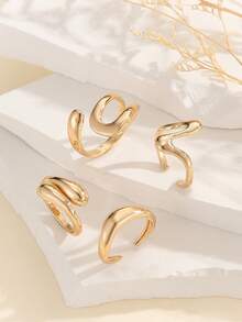 4pcs Set Liquid Lava Metal Adjustable Bendable Smooth Wrinkled Finish Gold Rings, Suitable For Daily Wear Or As Gift For Women - 4-piece Set - View 5