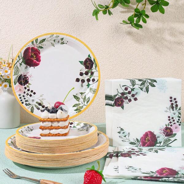 Rose Disposable Party Tableware Set, 7/9 Inch Disposable Paper Plates, Napkins, Suitable For Family Gatherings, Gender Reveal, Festivals, Birthdays, Weddings, Bachelorette Parties, Family Picnics And Other Events