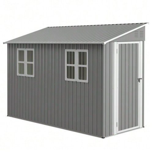 Casetta da giardino in metallo con fori di ventilazione, completa di base in metallo, porta con serratura, resistente alle intemperie per attrezzi da giardino, colore grigio.