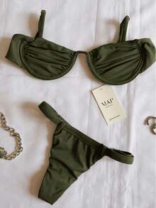 Underwire Bikini With Adjustable Straps And Thong Panties - Military Green Rim - View 1