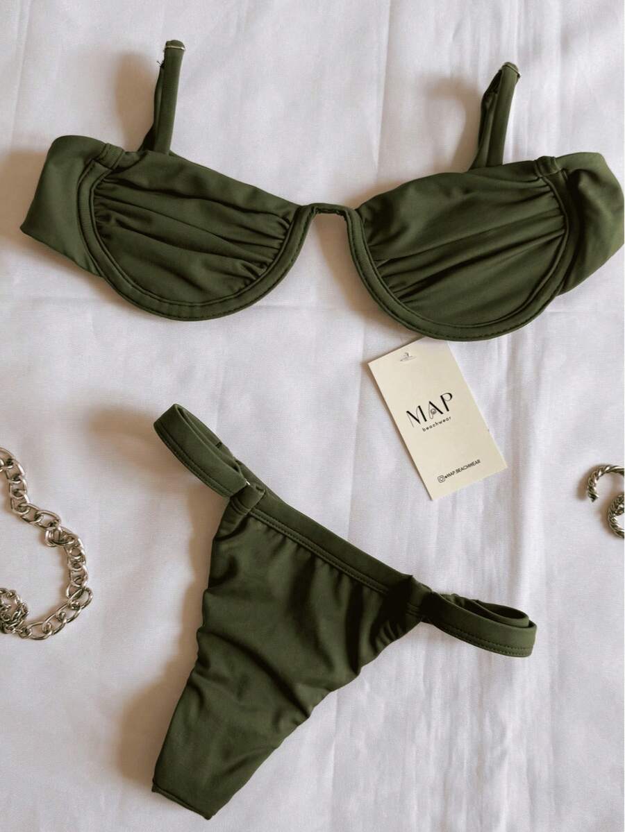 Underwire Bikini With Adjustable Straps And Thong Panties - Military Green Rim - View 1