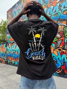 男童休闲沙滩主题图案T恤，设计时尚，适合儿童夏季穿着，青少年衬衫 - 黑色 - 查看 6