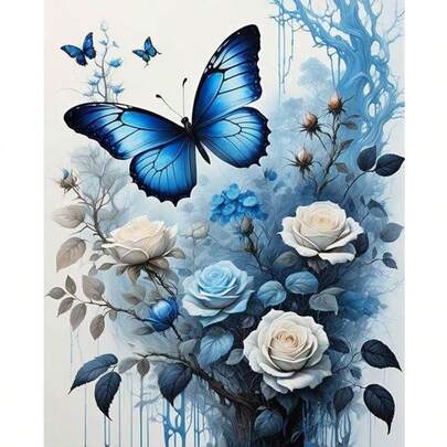 1件装DIY蓝色蝴蝶花卉图案5D钻石画套装，尺寸：[30*40厘米/11.8*15.7英寸] [40*50厘米/15.7英寸/19.7英寸]，适合成人初学者DIY马赛克钻石画，全钻手工爱好，可作客厅、卧室、办公室墙面装饰，也可作为送给家人和朋友的惊喜礼物，无框。