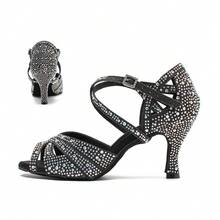 7.5cm Cuban Heel Professional Women's Latin Dance Shoes, Comfortable Soft Sole Salsa Tango Training Shoes, Non-Slip Durable Indoor Party Sandals, Women's Silver Wedding Shoes With Sparkling Rhinestones - Black - View 2