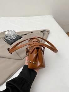 Vintage Style Buckle Rivet Paris Handbag - Glossy Faux Leather Tote - Brown - View 3