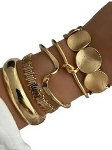 5pcs/Set European And American Exaggerated Leaf Smooth Bracelet, Asymmetrical Stripe Open Cuff Jewelry Set - A - View 3
