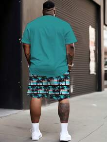 Men's Casual Sports Set With "Palm Tree Beach" Pattern Design - Made Of Polyester Knit Fabric, Round Neck, Drawstring Shorts, Pocket Details, Regular Fit, Suitable For Plus Size - Mint Green - View 2
