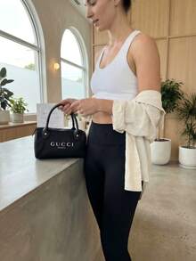 Gucci 1PC Top Handle Mini Black Nylon Barrel Bag - Luxury Minimalist Style, Logo Print Detail, Cylindrical Shape, Versatile Handbag For Daily Use & Travel - Black - View 5