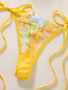 一套两件装女士黄色花卉刺绣薄纱半罩杯文胸和侧系带丁字裤内衣套装 - 黃色 - 查看 6