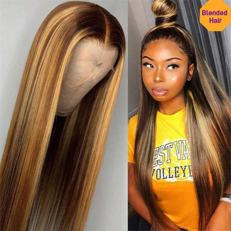 棕金色钢琴音色长直发假发 13x4 高清蕾丝前假发 耐热合成混纺人发假发 预拔毛自然发际线 短款波波头直发 - S4/27 - 查看 1