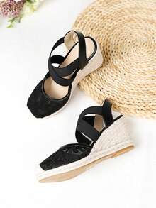 Sandalias de cuña casuales y de moda para mujer con cuerda de paja, malla elástica y diseño cruzado, transpirables - Negro - Ver 5