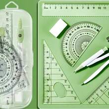 7 piezas Juego de compás geométrico para estudiantes, incluye transportador, regla triangular, regla de ángulo, regla portaplumas, regla multifunción, útiles escolares para estudiantes, artículos de papelería multiusos para exámenes y estudio, esencial para volver a la escuela - Conjuntos - Ver 4