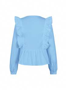 ii Plus Size Casual Solid Color Lace Patchwork Ruffle Trim Long Sleeve Top - Blue - View 5