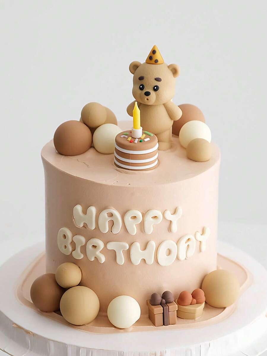 1个蜡烛吹灭熊生日蛋糕装饰，儿童生日派对蛋糕装饰，熊毛绒玩偶摆件礼盒装饰 - 彩色 - 查看 1