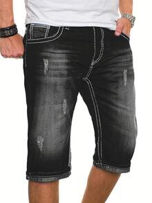 男士时尚弹力直筒牛仔短裤，后口袋带刺绣 - 深灰色 - 查看 3