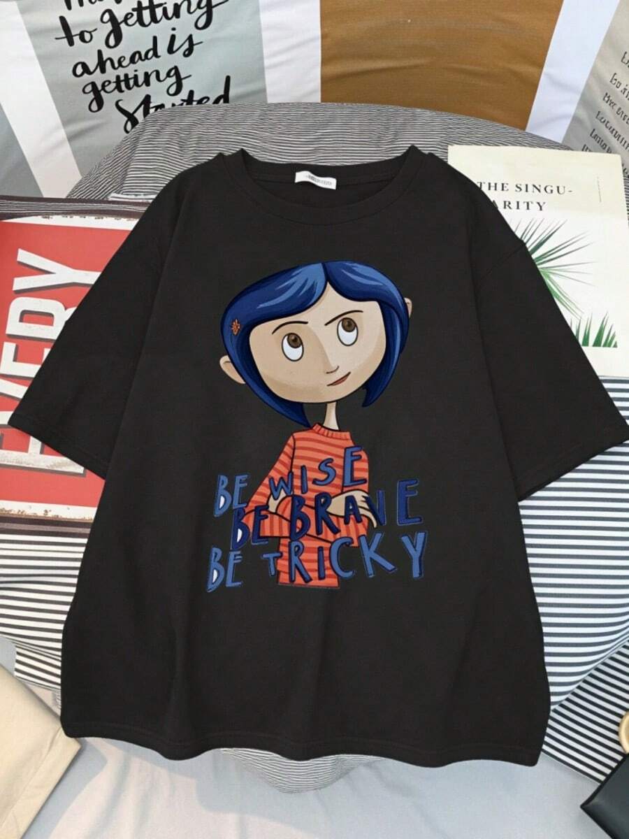 Coralines T Shirt Women Tim Burtons Neil Gaiman Nightmare Before Christmas Goth T Shirt Summer Casual Short SLeesve Fashion Tees Vacation Outfits Men - 黑色 - 查看 1