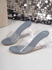 Giày sandal nữ đính đá, thoáng khí, kiểu dáng thường ngày, gót tam giác bất đối xứng, chất lượng cao, thích hợp cho các bữa tiệc. - Màu xanh lam - Xem 5