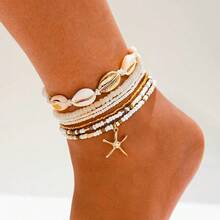 Set de 6 piezas de pulseras de playa de verano con conchas, cuentas, estrella de mar dorada, perla, accesorios de joyería de estilo bohemio, perfectos para vacaciones en la playa - Multicolor - Ver 2