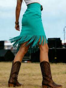 时尚西式女装百搭优雅纯色麂皮流苏迷你裙，休闲日常夏季穿着 - 薄荷藍 - 查看 5