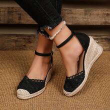 Breathable Slip-On Wedge Sandals With Fashionable Rope Accent, Comfortable And Lightweight - Black - View 9