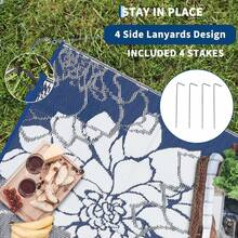 Hodeffior Outdoor Plastic Straw Rug 270x360cm Waterproof Reversible Floral Pattern Patio Carpet, Foldable Portable Outdoor Rug With Bag And 4 Stakes, UV Resistant Area Mat For Deck, Balcony, Camping, Picnic, RV - Dark Blue - View 6