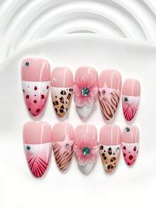 10件套甜美个性化美甲套装，包含凝胶指甲油套装、星形水钻美甲装饰、豹纹条纹手工五瓣花美甲贴纸、黄色和红色指甲油，适合春夏派对、日常佩戴、拍照等场合，提供方形、短方形和杏仁形三种指甲形状，共三种尺寸。 - 彩色 - 查看 14