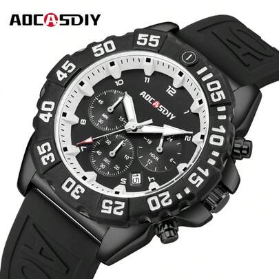 AOCASDIY 男士数字大表盘多功能六针石英表防水硅胶表带运动男士手表