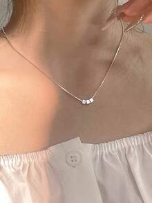 1pc S925 Sterling Silver Minimalist Chic Petite Geometric Matte Cube Necklace, Versatile Daily Wear For Women - Silver - View 3