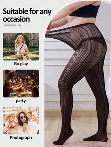 Women's Sexy Sheer Vertical Striped Leggings, Fishnet Thigh High Stockings, Skinny Tights - Black - View 5