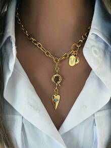 1 chiếc dây chuyền mặt dây chuyền vàng dành cho nữ, gồm 26 mặt dây chuyền hình chữ cái, mặt dây chuyền tròn, mặt dây chuyền hình vô lăng và mặt dây chuyền hình trái tim đính đá mắt quỷ. Phong cách sang trọng, thanh lịch và tinh tế, phù hợp để đeo hàng ngày và là lựa chọn quà tặng hoàn hảo. - Vàng - Xem 4