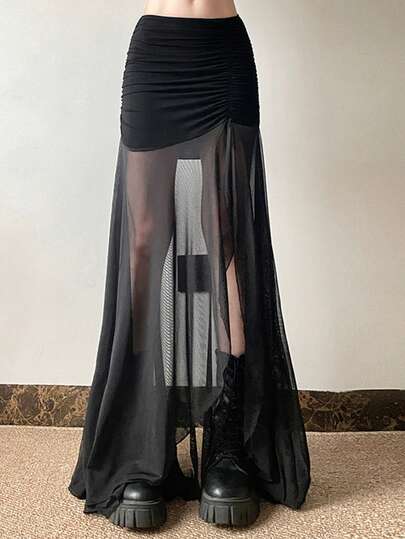 Top Dazzle 女士哥特风不对称裹身长裙，前短后长，半透明涤纶网纱裙，褶皱细节，略带弹性