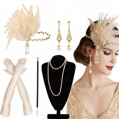 Set de 5 piezas de accesorios de vestuario vintage de mujer de los años 20, incluye tocado, aretes, guantes, boquilla para cigarrillos, collar de vidrio, adecuado para bodas, celebraciones, mascaradas, despedidas de soltera, decoración de fiestas, regalo de fiesta