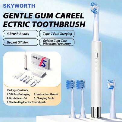 SKYWORTH Periuță de dinți electrică sonică pentru îngrijirea gingiilor, pentru adulți și copii - autonomie de până la 60 de zile, îmbunătățită cu o periuță de dinți alimentată de 34800 VPM, 3 moduri și intensități pentru dinți sensibili și aparate dentare, include 4 capete de periuță