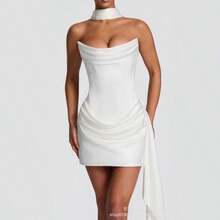 SDM191 Temperament Tube Top White Short Satin Sleeveless Dress With Fishbone Original Product - 米白色 + XS - 查看 4