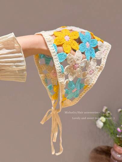 Bufanda triangular de flores hueca tejida de estilo campestre, accesorio para fotografía y pañuelo de cabeza para viajes